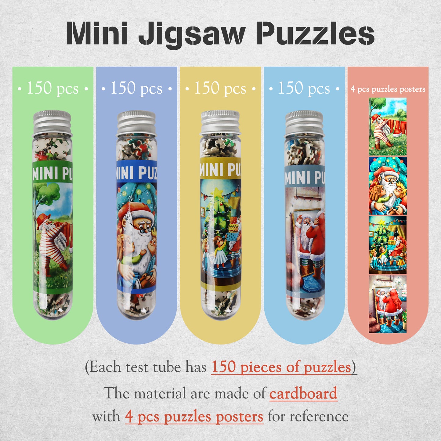 Christmas Theme Jigsaw Puzzles Mini Size 4 Pack 150 Pieces Puzzle Santa Claus Puzzles for Adult 6 x 4 Inches