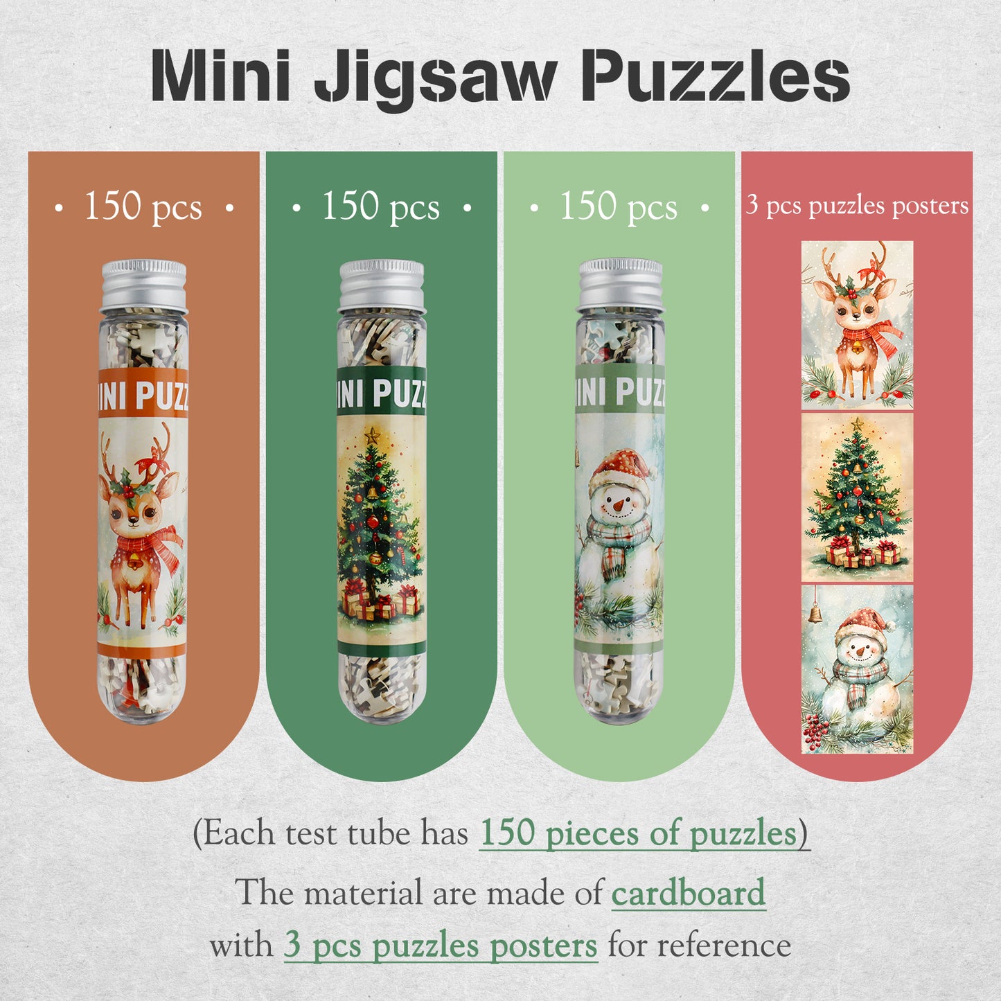 MISITU Mini Puzzle - Christmas Tree, Snowman, Deer - 3 Pack of 150 Pieces Puzzles for Adult 6 x 4 Inches