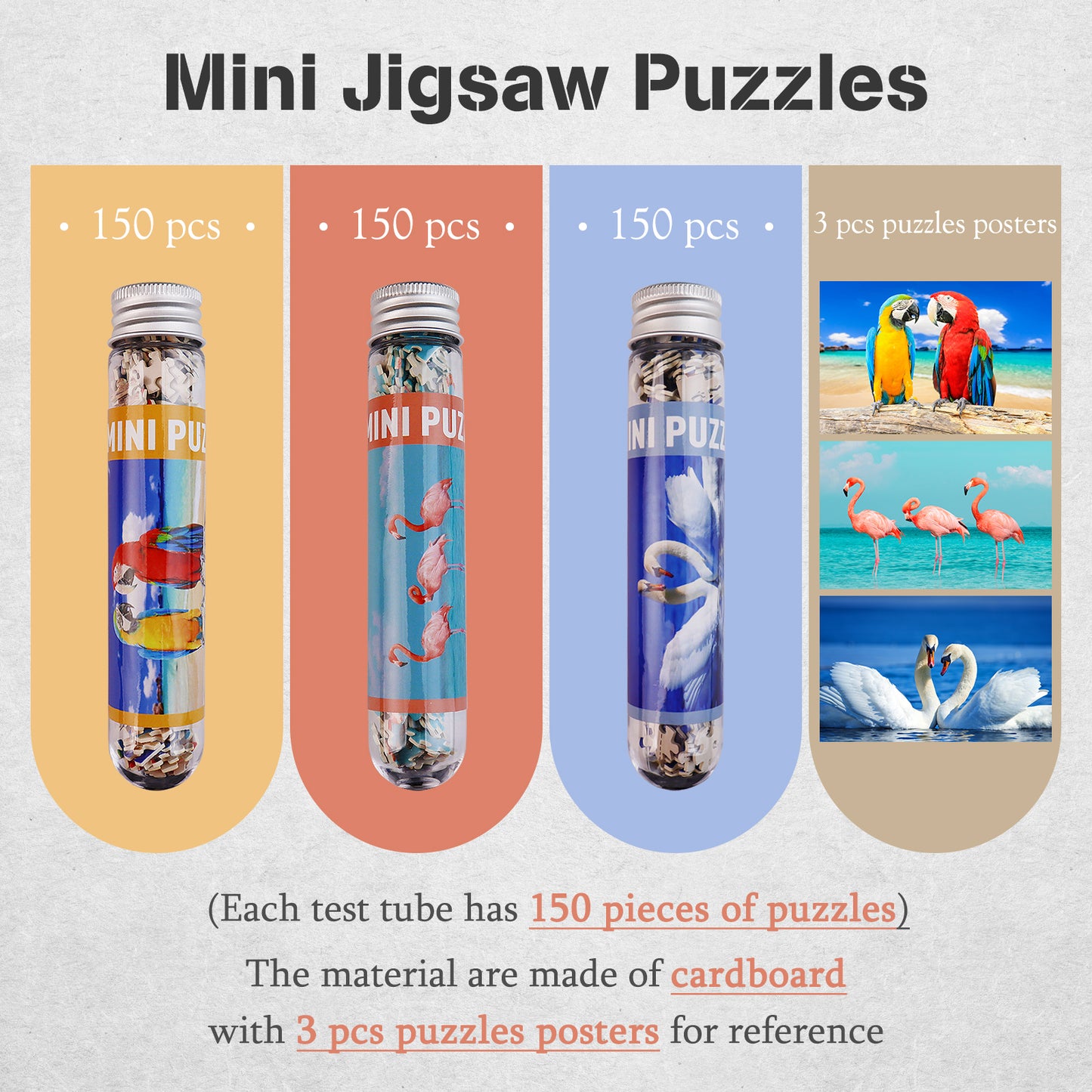 Jigsaw Puzzles Mini Size 3 Pack 150 Pieces Puzzle Flamingo Swan Parrot Puzzles for Adult 6 x 4 Inches