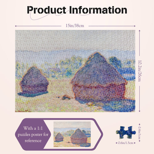 Mini Jigsaw Puzzles 1000 Pieces Monet Oil Painting Puzzle - Grainstacks - Puzzle Decor 38x26cm