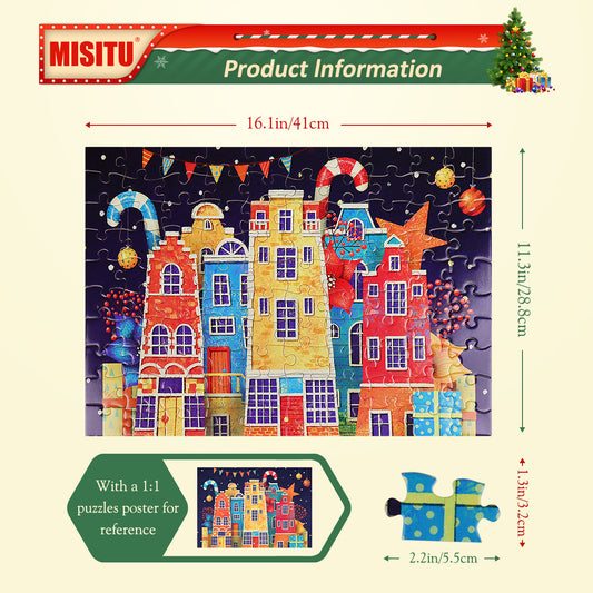 MISITU Jigsaw Puzzles 100 Pieces Christmas Colorful Buildings Puzzle for Children and Adults