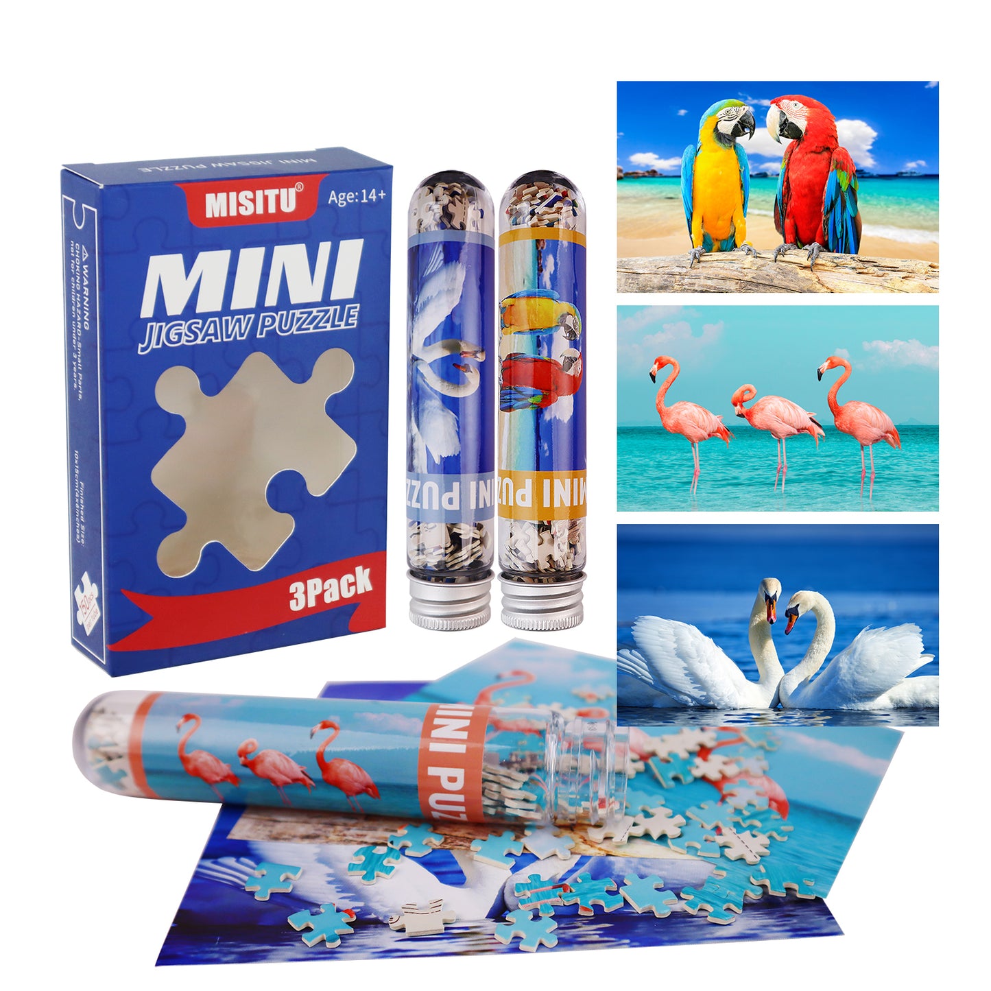 Jigsaw Puzzles Mini Size 3 Pack 150 Pieces Puzzle Flamingo Swan Parrot Puzzles for Adult 6 x 4 Inches