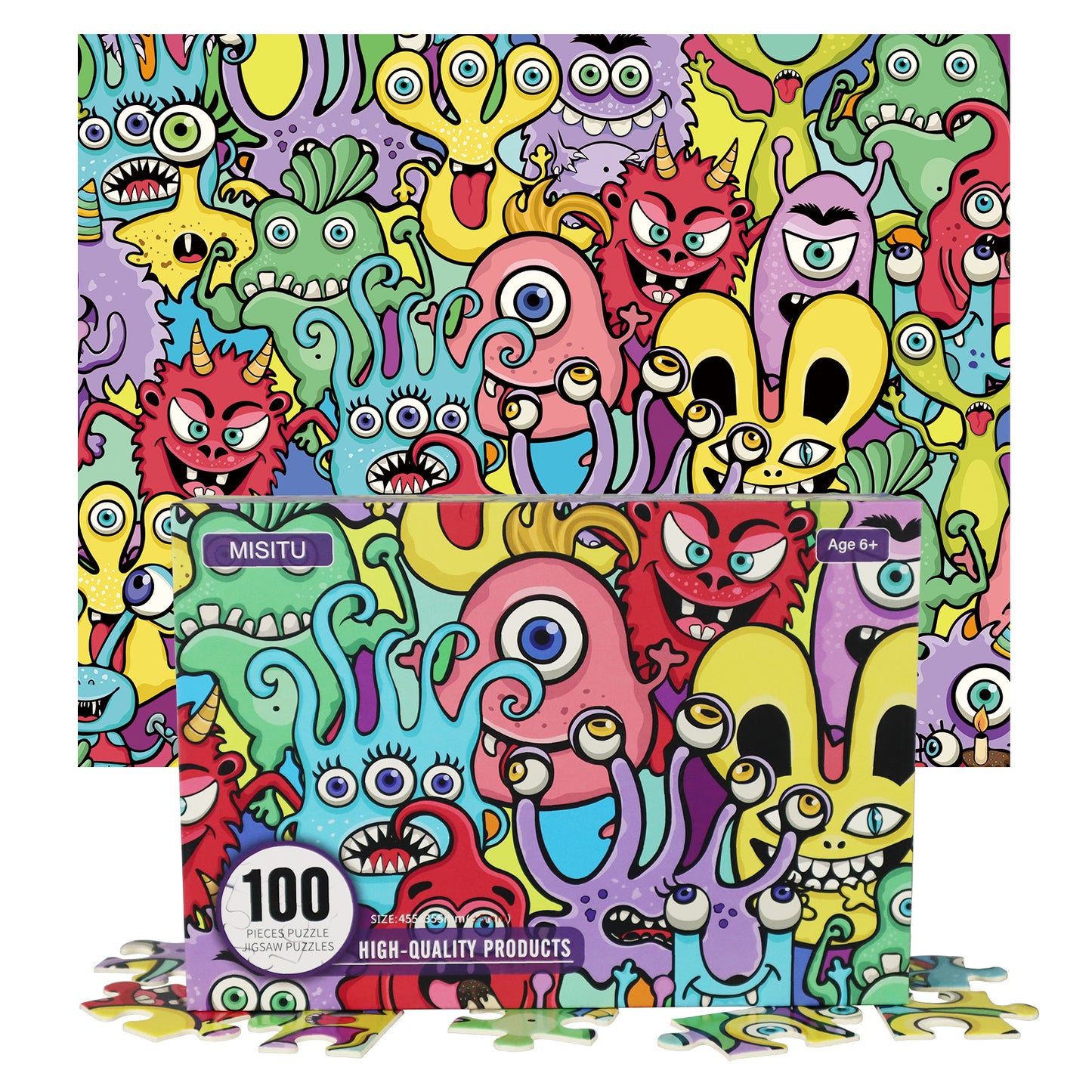 MISITU Jigsaw Puzzles for Children Cartoon Monsters 100 Pieces Puzzles 18 x 14 Inches
