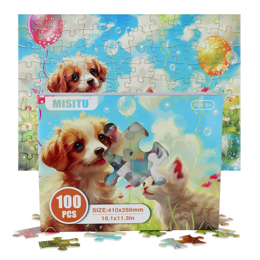 MISITU Jigsaw Puzzles 100 Pieces for Children and Adults - Cute Cat and Dog