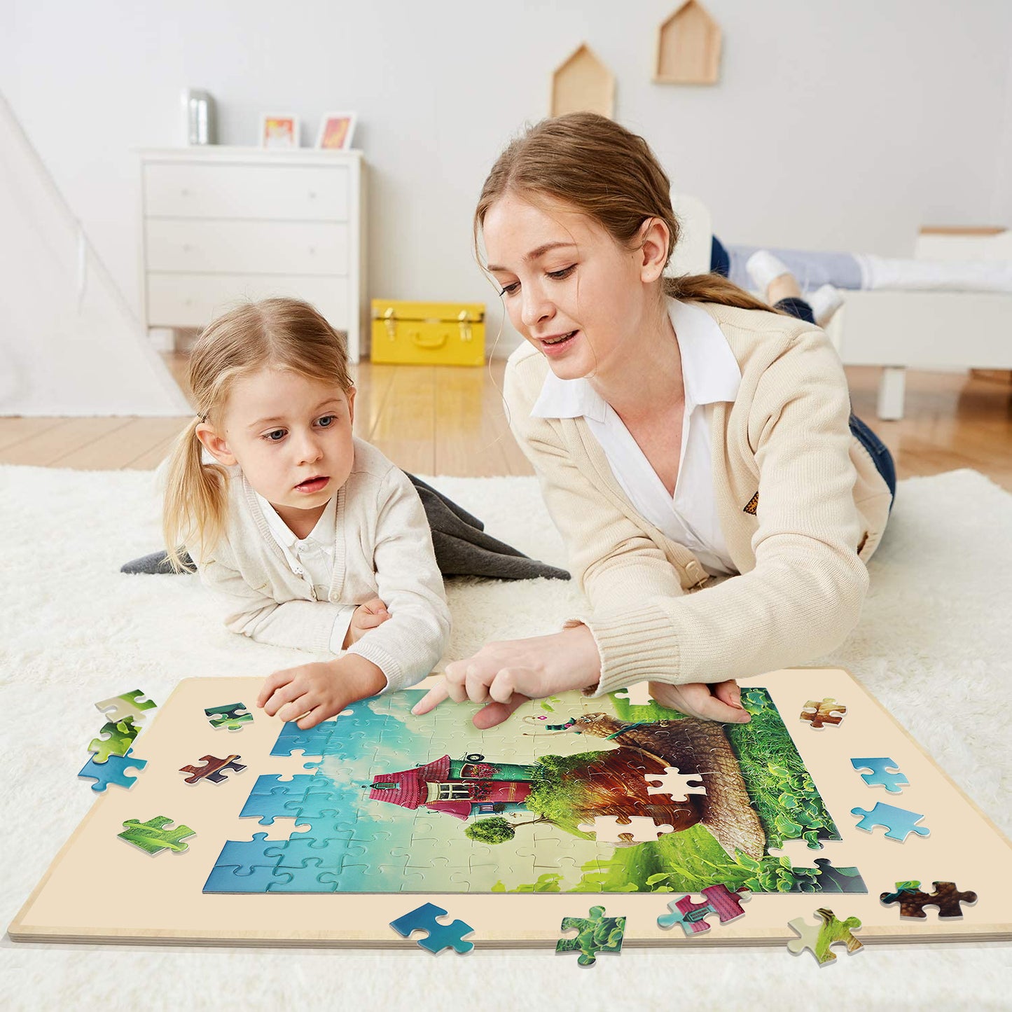 MISITU Jigsaw Puzzles Big Puzzle Piece for Beginner Cartoon Snail House 100 Pieces Puzzles 18 x 14 Inches