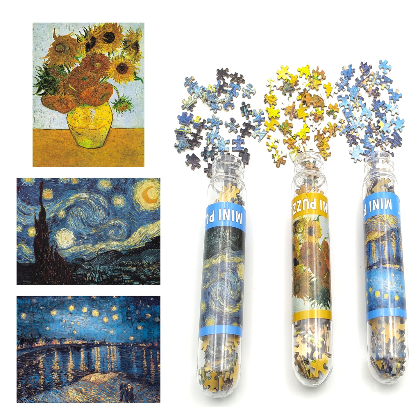 Van Gogh Jigsaw Puzzles Mini Size 3 Pack 150 Pieces Puzzles for Adult Starry Night Rhone River Sunflower 6 x 4 Inches