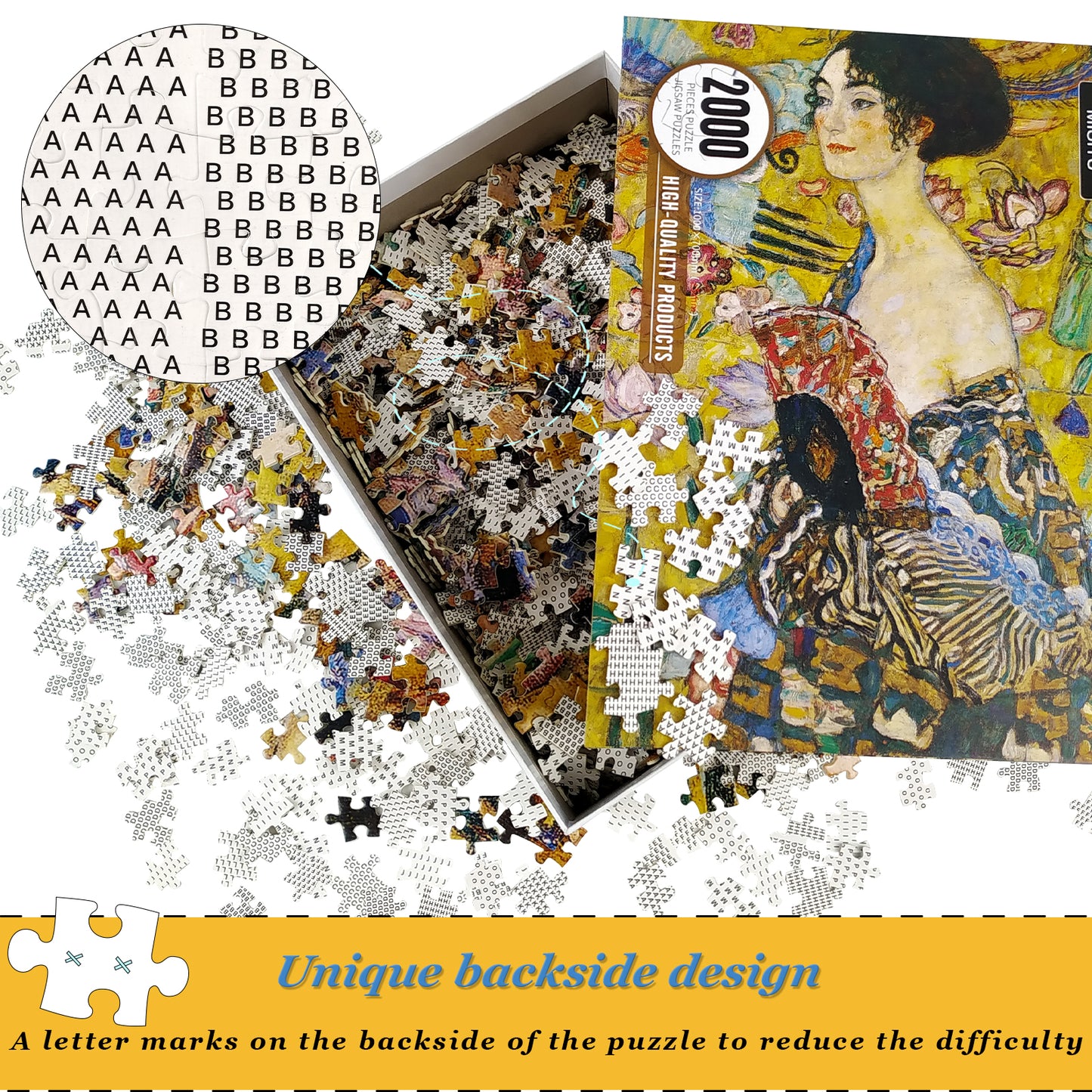 Large Jigsaw Puzzles 2000 Pieces Lady with Fan Klimt Oil Painting Artwork Puzzle