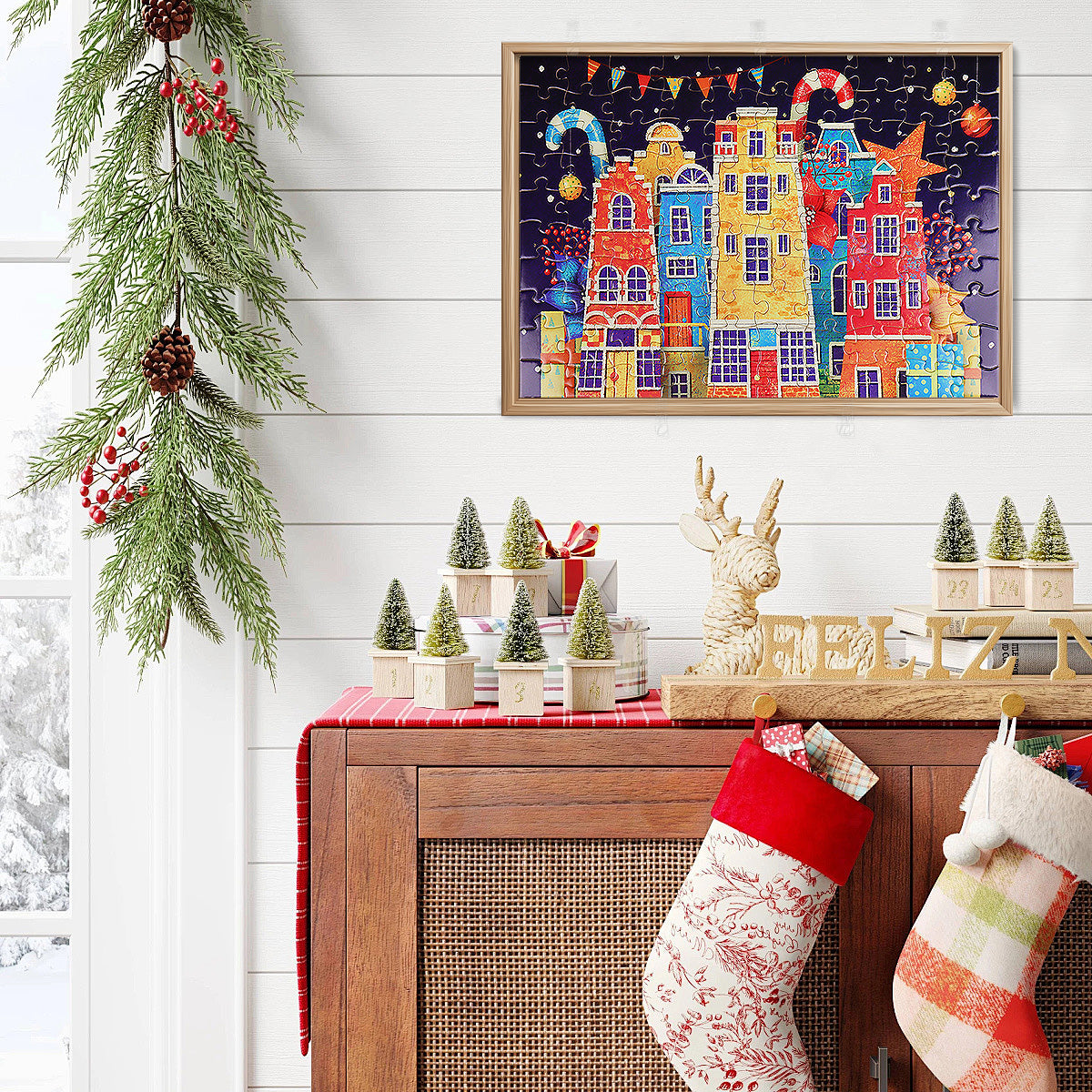 MISITU Jigsaw Puzzles 100 Pieces Christmas Colorful Buildings Puzzle for Children and Adults