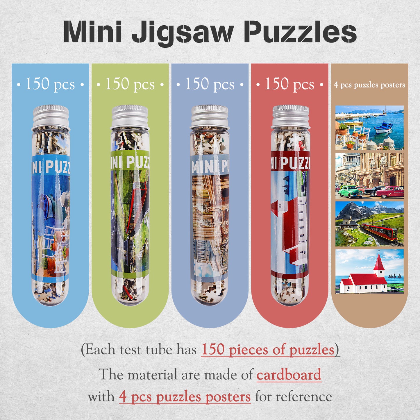 Jigsaw Puzzles Mini Size 4 Pack 150 Pieces Puzzle Church Cars Train Puzzles for Adult 6 x 4 Inches