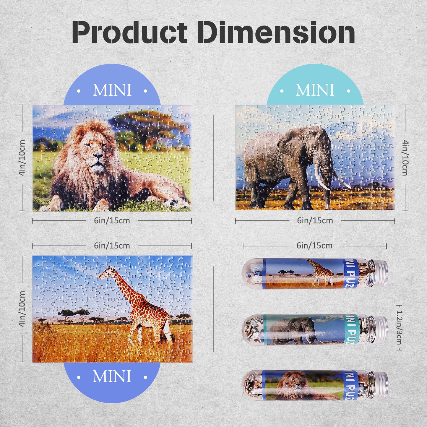 MISITU Mini Puzzle -Lion Elephant Giraffe - 3 Pack of 150 Pieces Puzzles for Adult Travel Puzzle 6 x 4 Inches