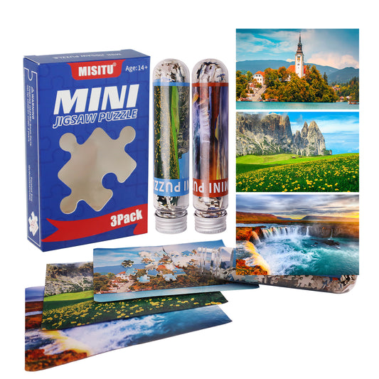 MISITU Mini Puzzle -Church Flower Fields Waterfall  - 3 Pack of 150 Pieces Puzzles for Adult Travel Puzzle 6 x 4 Inches