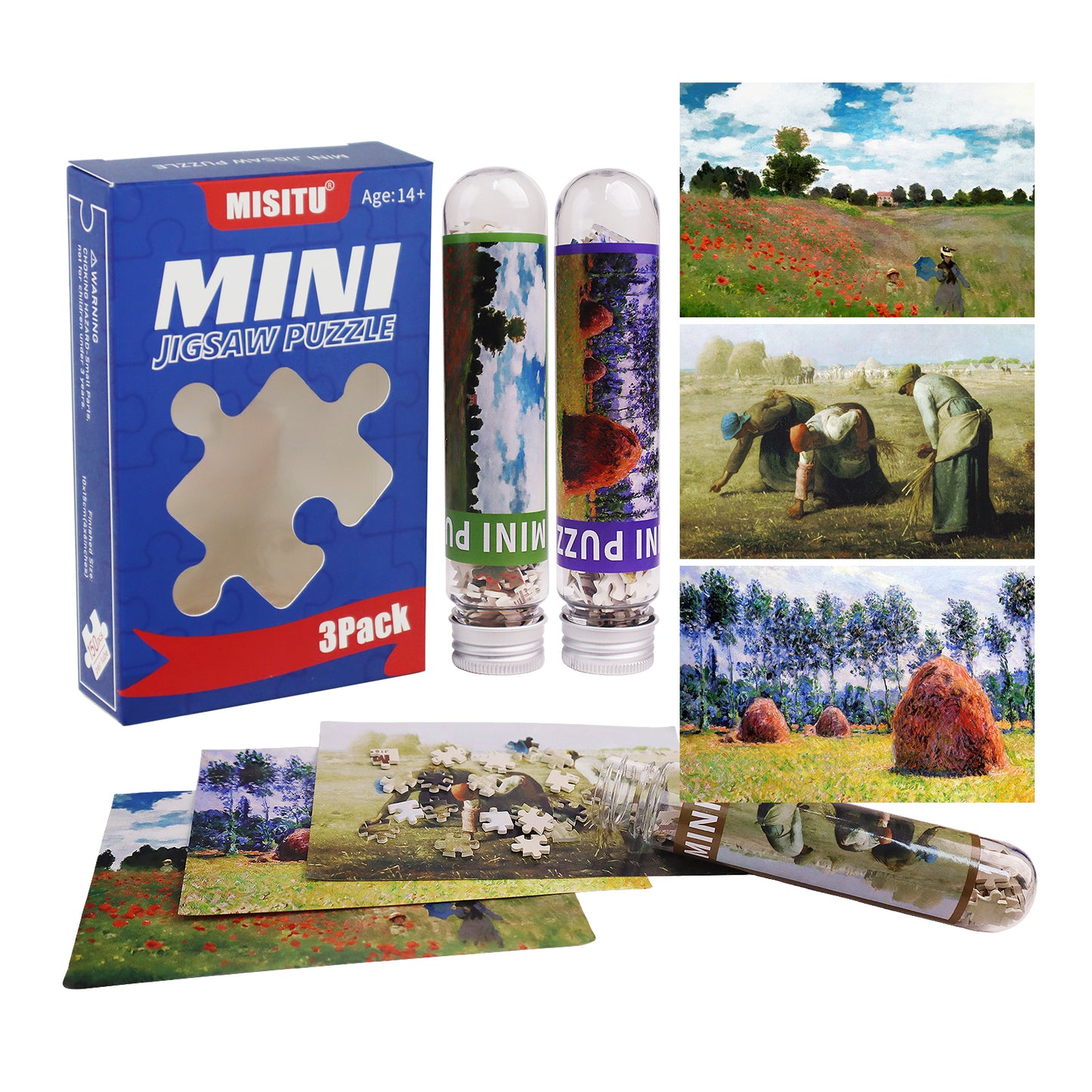 MISITU Mini Puzzle - Haystacks at Giverny - 3 Pack of 150 Pieces Puzzles for Adult Travel Puzzle 6 x 4 Inches