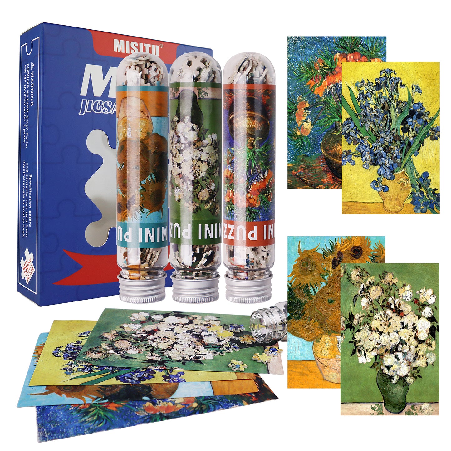 MISITU Mini Puzzle -Flowers Oil Painting - 4 Pack of 150 Pieces Puzzles for Adult Travel Puzzle 6 x 4 Inches