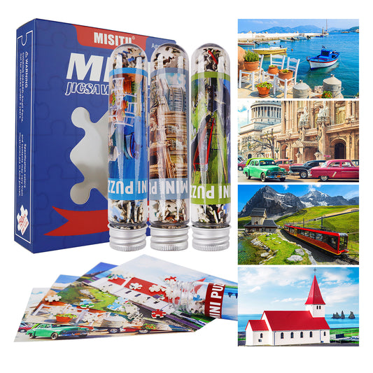 Jigsaw Puzzles Mini Size 4 Pack 150 Pieces Puzzle Church Cars Train Puzzles for Adult 6 x 4 Inches
