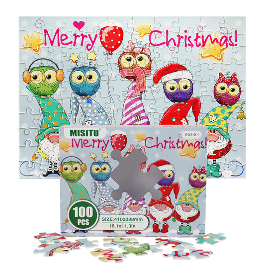 MISITU Jigsaw Puzzles 100 Pieces Christmas Cute Dwarf Owl Puzzle for Children and Adults