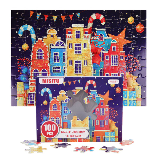 MISITU Jigsaw Puzzles 100 Pieces Christmas Colorful Buildings Puzzle for Children and Adults
