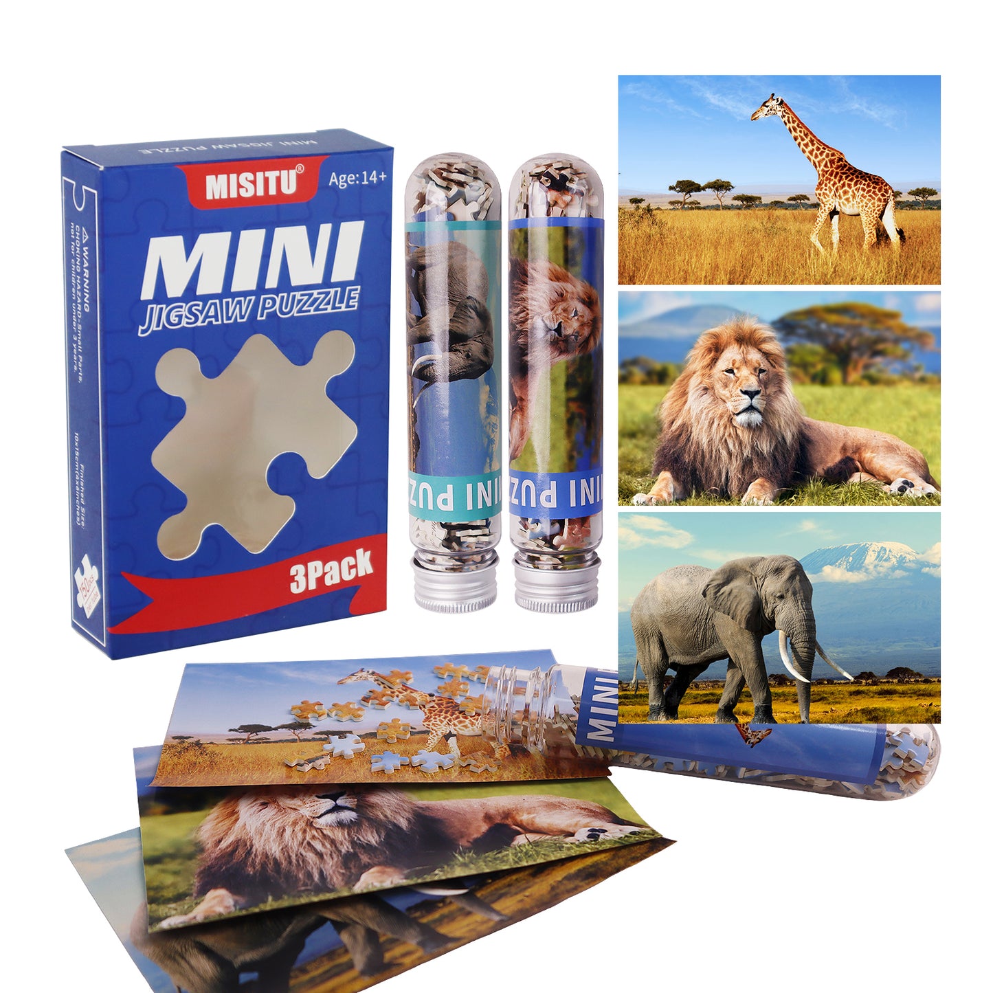 MISITU Mini Puzzle -Lion Elephant Giraffe - 3 Pack of 150 Pieces Puzzles for Adult Travel Puzzle 6 x 4 Inches