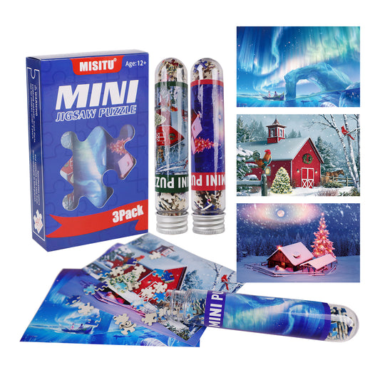 Mini Size Christmas Theme Snow House Aurora Puzzles 3 Pack 150 Pieces Puzzles for Adult 6 x 4 Inches